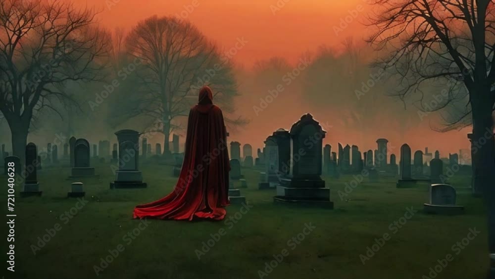 mysterious figure cloaked in a red cape , in a cemetery background, stock video mysterious figure cloaked in a red cape , in a cemetery background, stock video