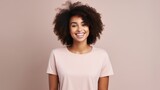 Happy african american woman with afro hairstyle and t-shirt Generative AI