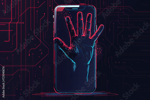 A conceptual illustration of a scammer's hand reaching out from a smartphone screen, symbolizing online fraud and cybersecurity threats, Circuit symbol on the background photo