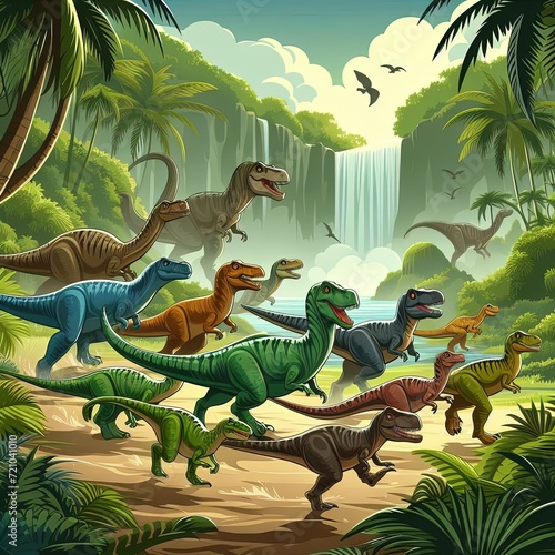 Vector-style image of dinosaurs running through waterfall © hallowen
