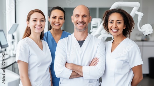 portrait of smiling medical team standing with crossed arms in dental clinic Generative AI photo
