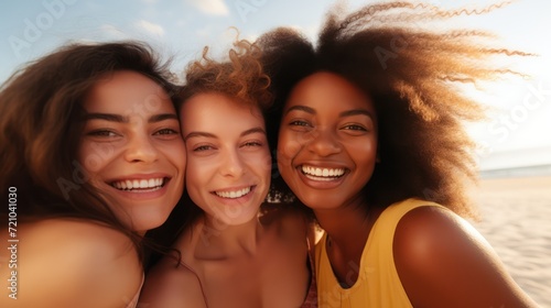 Portrait of three young women with afro hairstyle having fun on the beach. Generative AI