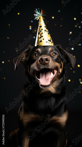 Happy Dog Ringing in New Year's with Party Hat and Confetti Generative AI