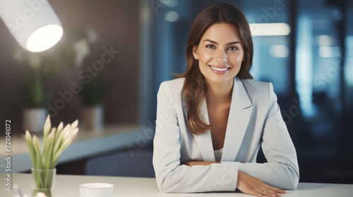 Portrait of happy smiling young businesswoman sitting at table in office Generative AI