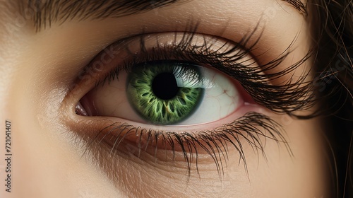 Beautiful green female eye with long eyelashes close-up. Generative AI
