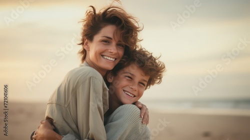 Portrait of mother and son hugging and smiling at camera on the beach Generative AI
