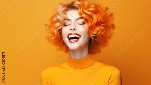 Portrait of beautiful young woman with red curly hair on yellow background Generative AI