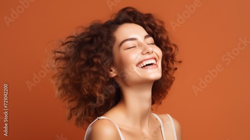 Portrait of a beautiful young woman with long curly hair. Isolated on brown background. Generative AI