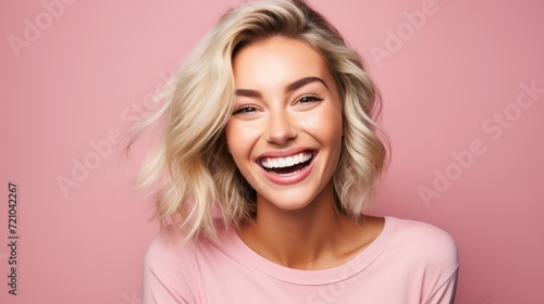 Portrait of a beautiful young blond woman laughing on pink background. Generative AI