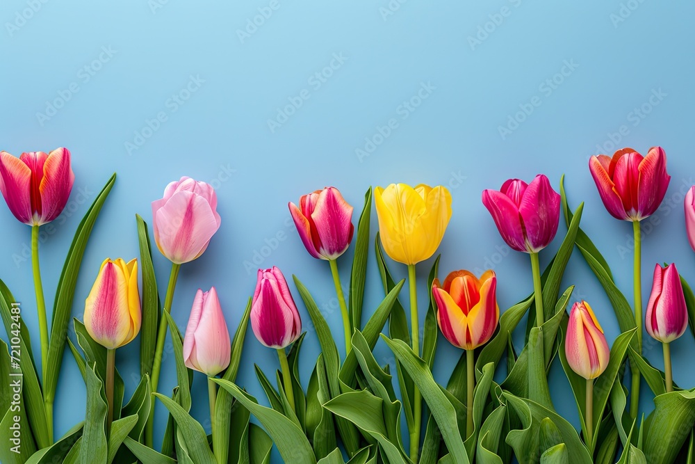Colorful blooming tulips on blue background.