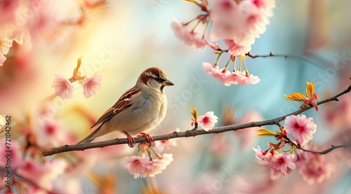 Little bird sitting on branch of blossom cherry tree. Spring time.