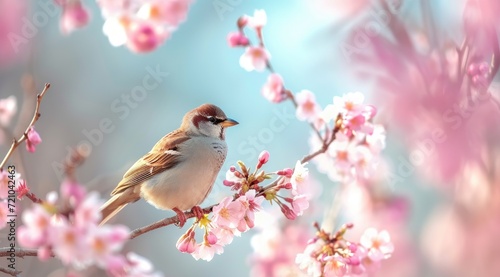 Little bird sitting on branch of blossom cherry tree. Spring time.