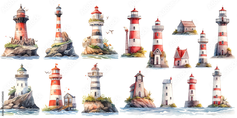 Obraz premium Watercolor lighthouse clipart for graphic resources