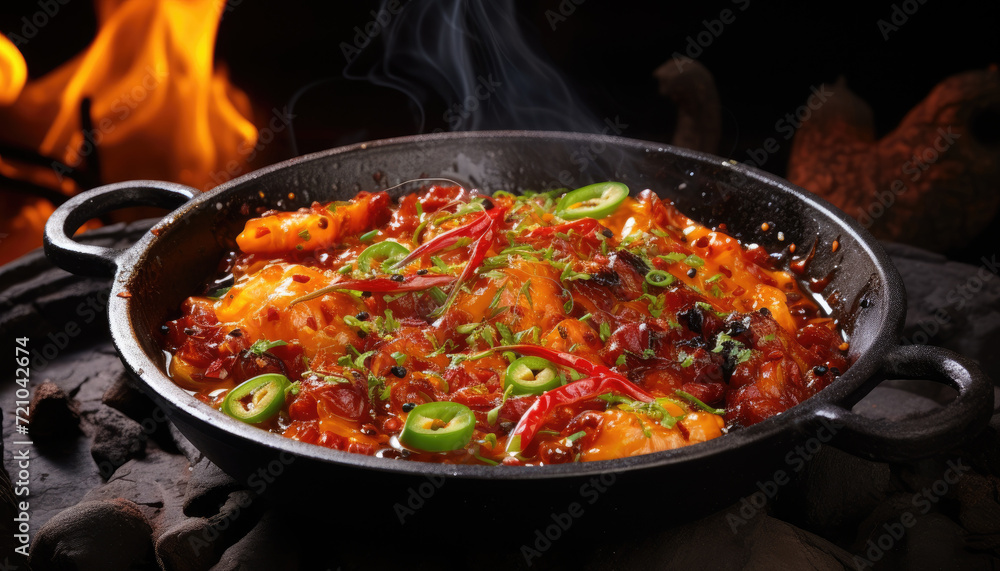 Steady assortment of traditional indian food in a black saucepan cooking on the stone. Asian food ingredients on dark background. Oriental recipe with vegetables and spices. Generative AI. Steady assortment of traditional indian food in a black saucepan cooking on the stone. Asian food ingredients on dark background. Oriental recipe with vegetables and spices. Generative AI.