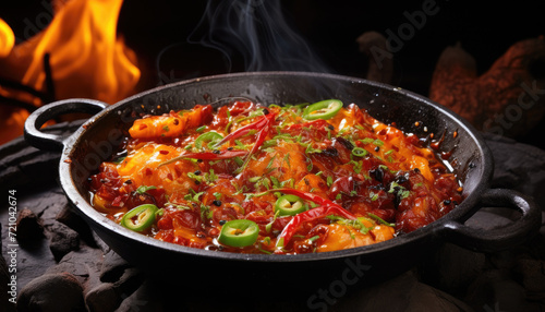 Steady assortment of traditional indian food in a black saucepan cooking on the stone. Asian food ingredients on dark background. Oriental recipe with vegetables and spices. Generative AI.