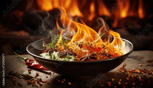 Flamed assortment of traditional indian food in a black bowl with more ingredients around. Asian food ingredients on dark background. Oriental recipe with vegetables and spices. Generative AI.