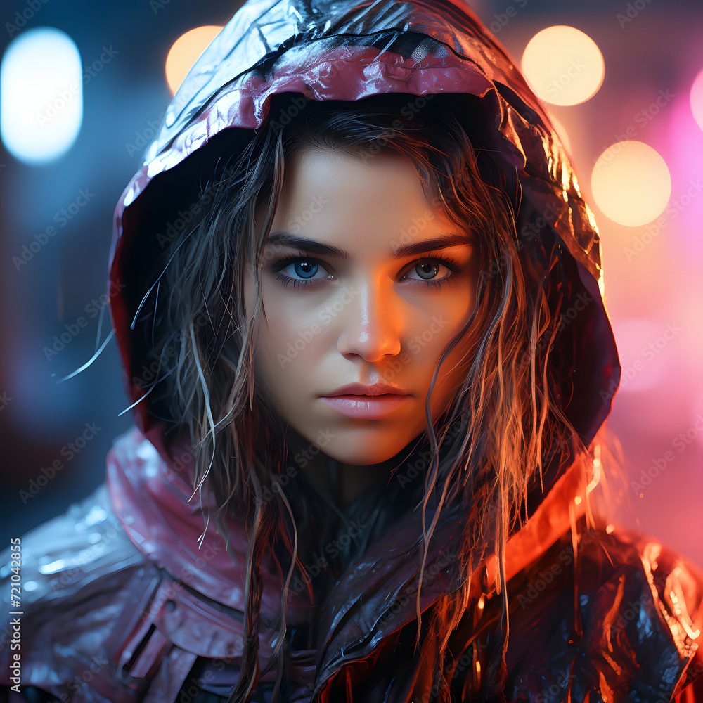 Cyberpunk Girl in Hood with Blurred Rainy Night City Background. Apocalypse Character Cyberpunk Girl in Hood with Blurred Rainy Night City Background. Apocalypse Character