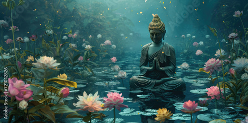 buddha seated on the water in the forest with flowers