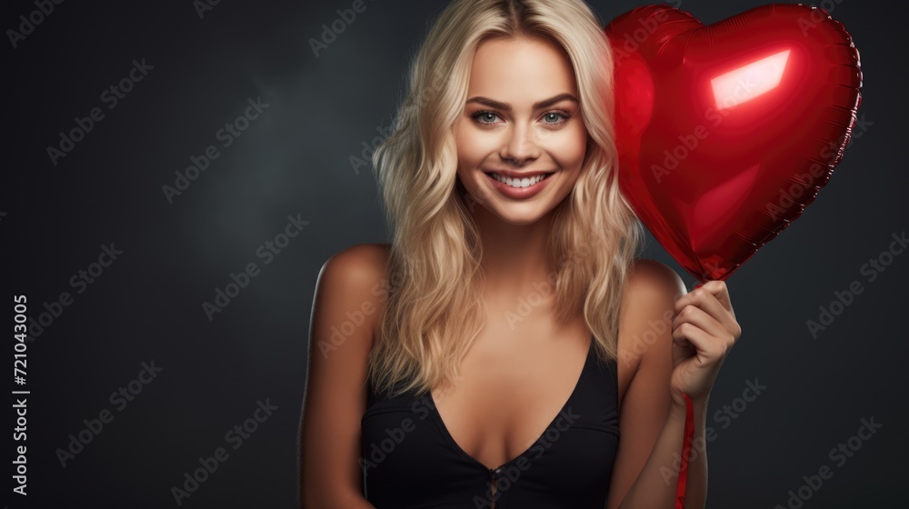 Love and valentine's day. Beautiful blonde girl holding red heart shaped balloon. Black background. AI Generated Love and valentine's day. Beautiful blonde girl holding red heart shaped balloon. Black background. AI Generated