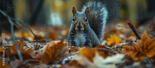Captivating Close-Up: Majestic Gray Squirrel's Velvety Fur Stands Out in Enchanting Forest