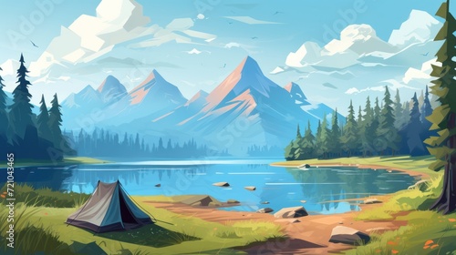 Landscape with lake, mountains and camping tent. illustration. Generative AI © Alex