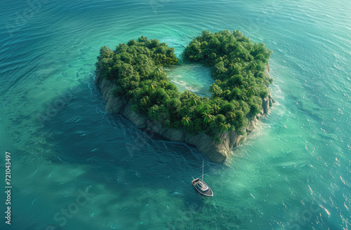  a heart island surrounded by water and has a boat