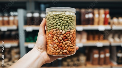 Mixed beans in glass jar in female hand on shelves in supermarket Generative AI