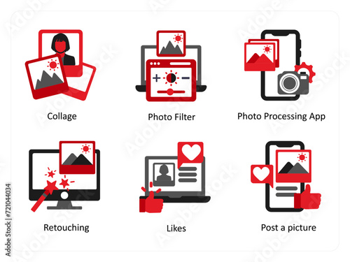 Six photography icons in red and black as collage, photo filter, photo processing app