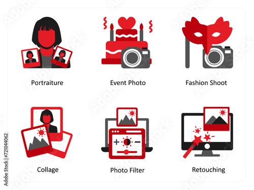 Six photography icons in red and black as portraiture, event photo, fashion shoot