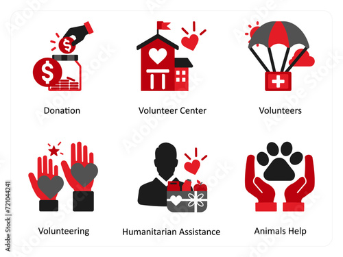 Six donation icons in red and black as donation, volunteer center, volunteers