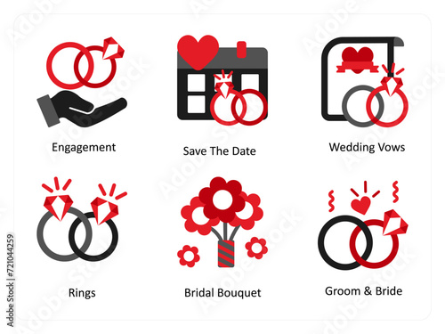 Six party icons in red and black as enagement, save the date, wedding vows