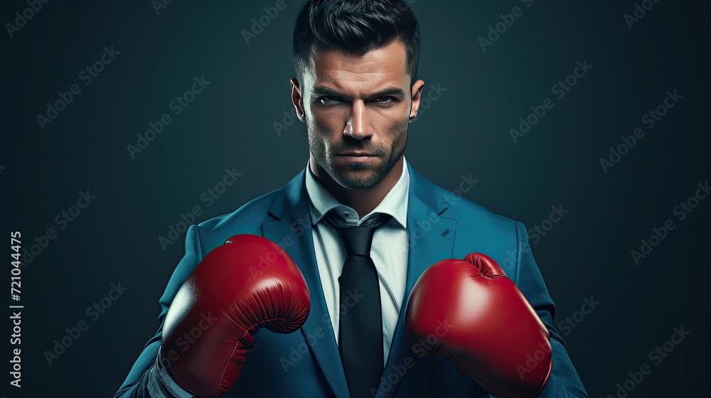 A man in a business suit and red boxing gloves. A man in a business suit and red boxing gloves.
