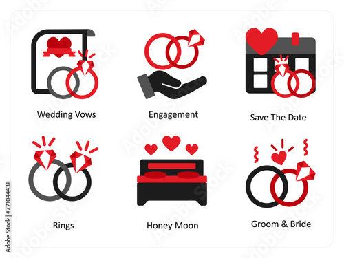 Six party icons in red and black as wedding vows, engagement, save the date