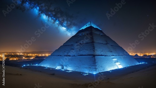 The Pyramid of Khufu in Giza illuminated in blue at the night in Egypt. Travel and Tourism