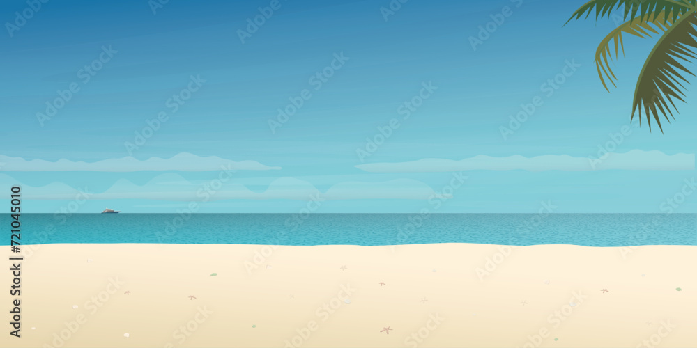 Beach with tropical blue sea background template for advertisment. Beach and seascape vector illustration have blank space.