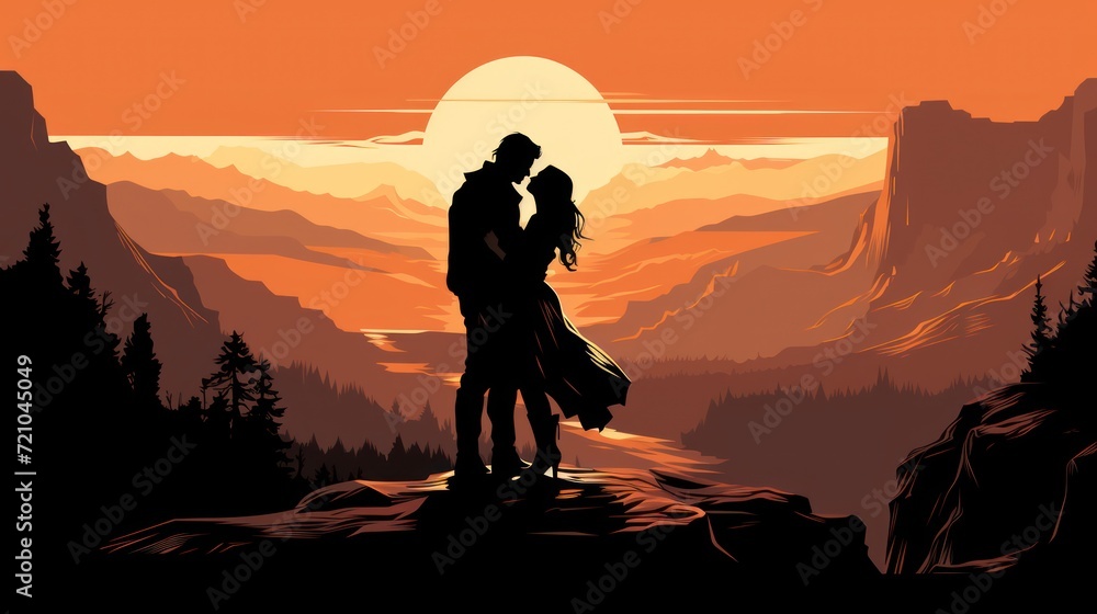 Silhouette of a loving couple in the mountains. illustration Generative AI