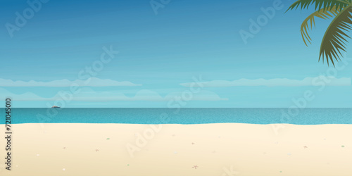 Beach with tropical blue sea background template for advertisment. Beach and seascape vector illustration have blank space.