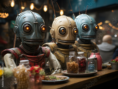 Aliens or Extraterrestrials Enjoying Meal in a Restaurant. Alien Family photo