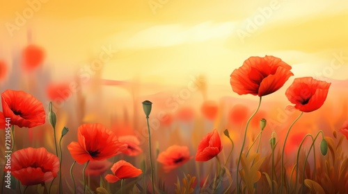 Red poppies on the field at sunset. illustration. Generative AI