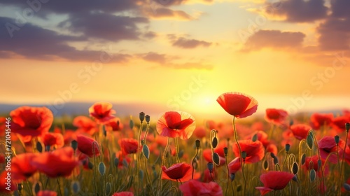 Field of poppies at sunset. Beautiful landscape with red poppies. Generative AI