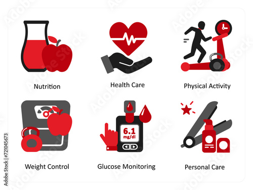 Six medical icons in red and black as nutrition, health care, physical activity