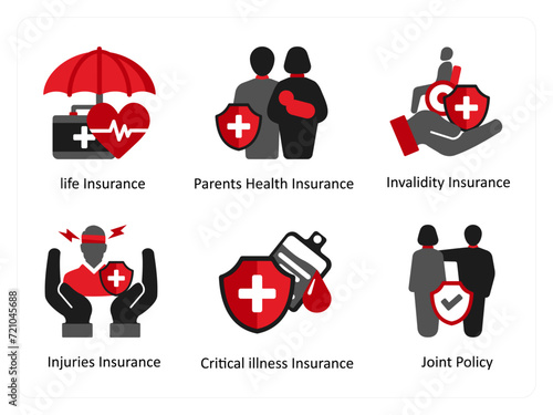 Six insurance icons in red and black as life insurance, parents health insurance, invalidity insurance