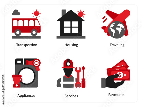 Six medical icons in red and black as transportation, housing, travelling