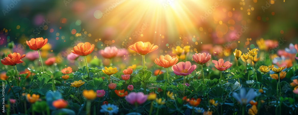 A magical spring background presents itself with a radiant sun spreading its warm rays over a lush green meadow. - obrazy, fototapety, plakaty 