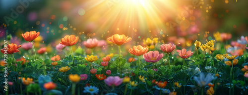 A magical spring background presents itself with a radiant sun spreading its warm rays over a lush green meadow. photo