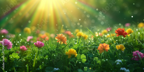 A magical spring background presents itself with a radiant sun spreading its warm rays over a lush green meadow.