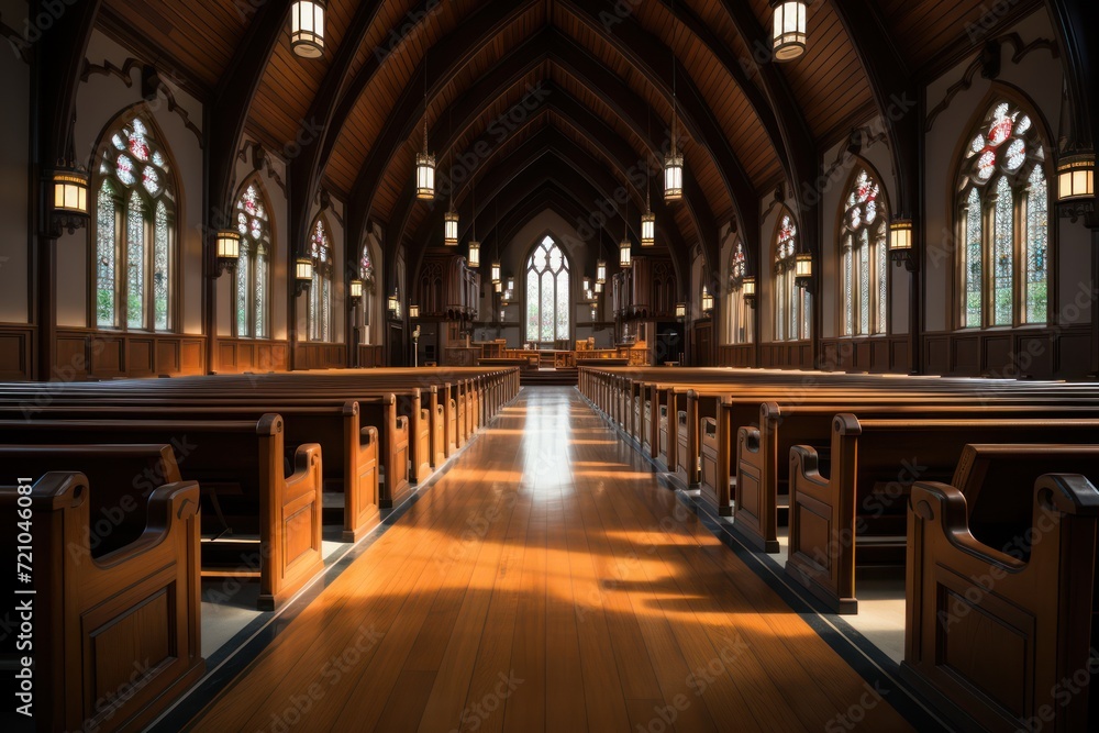 Serene Interior of a Catholic Church with Altar, Pulpit, and Pews AI Generated