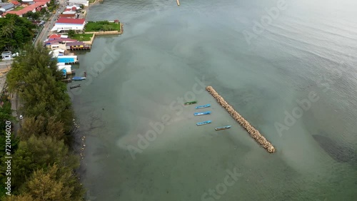aerial view of wave barrier or breakwater in Kaimana Regency, West Papua