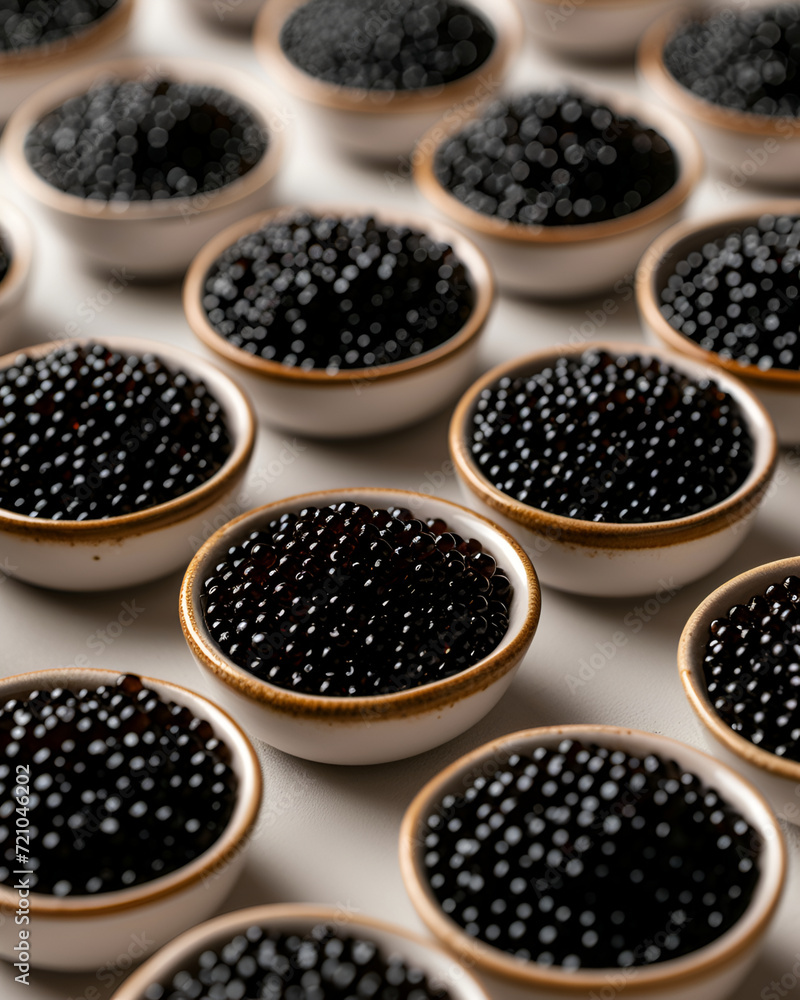 Caviar in small bowls, many bowls of caviar on the table, good composition on the table, the top table is light cement Caviar in small bowls, many bowls of caviar on the table, good composition on the table, the top table is light cement