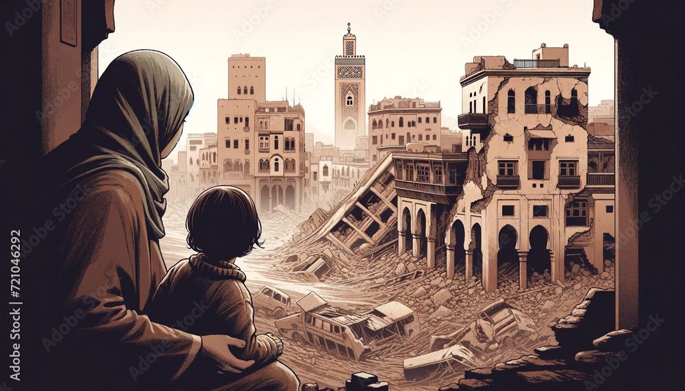 Woman and child looking the city destroyed by the earthquake at Marrakesh, Morocco. 